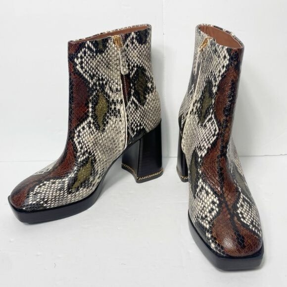 Tory Burch Ruby Python-Embossed Ankle Boots Size 8 Aspen Block Heel Chain Accent - Picture 9 of 13